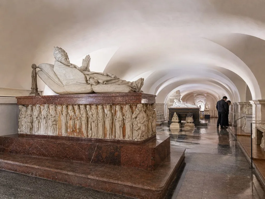 A guide leading visitors through the Vatican Grottoes, crypt level